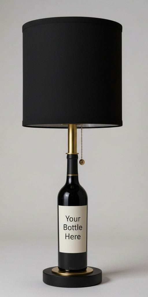 Custom black table lamp made from a wine bottle with a label displaying "Your Bottle Here," set against a studio background - mobile image