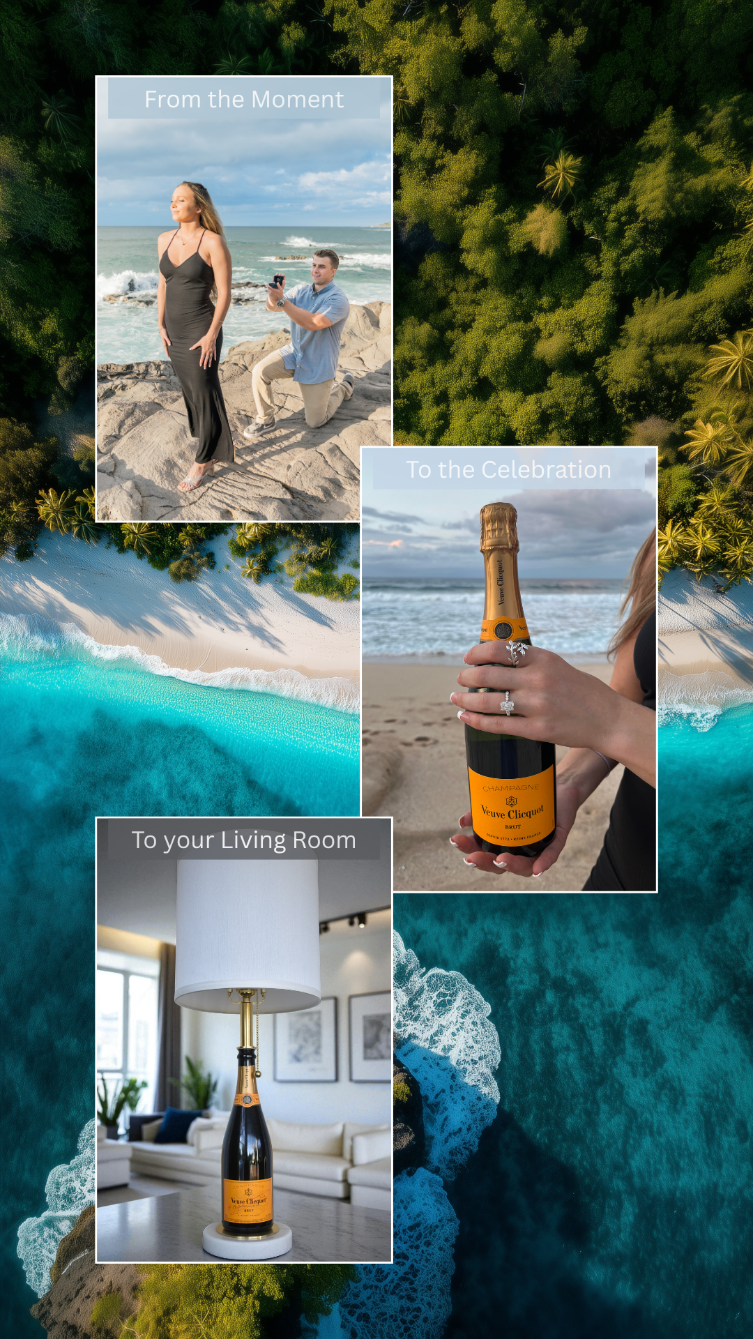 Vertical collage image showing a bottle of Veuve Clicquot champagne from an engagement celebration being turned into a table lamp