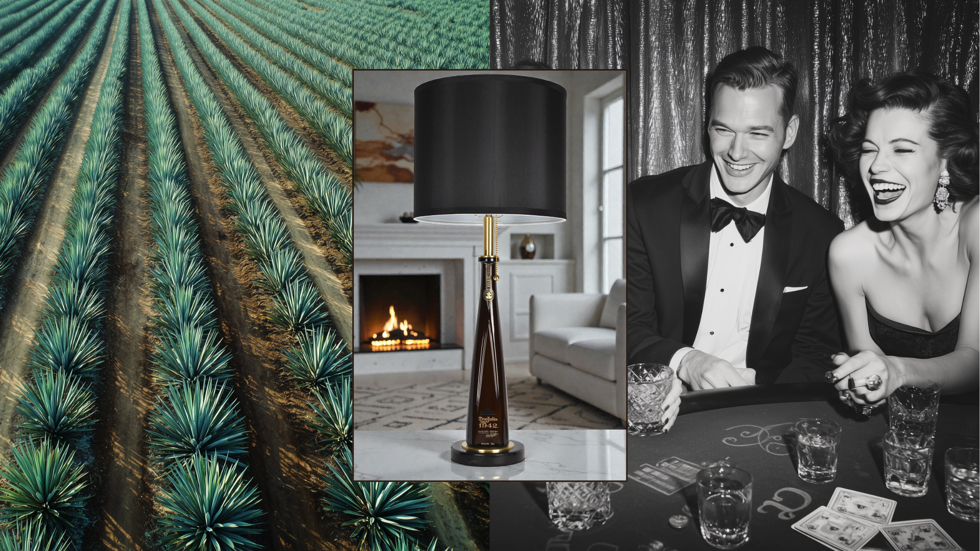 Collage of an agave farm, a tequila bottle lamp, and a couple at a card table drinking tequila
