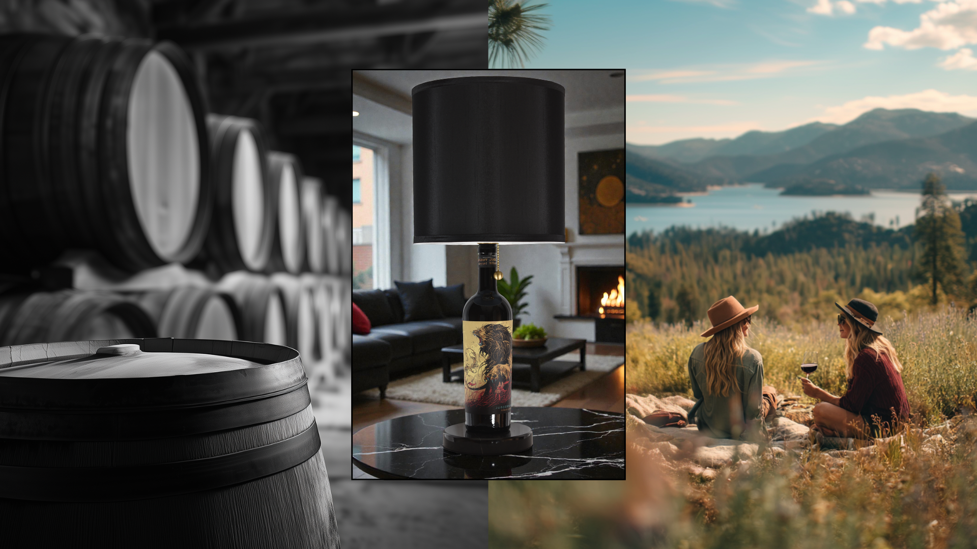 Collage of a cellar with barrels of wine, a wine bottle lamp, and two women enjoying wine by a lake