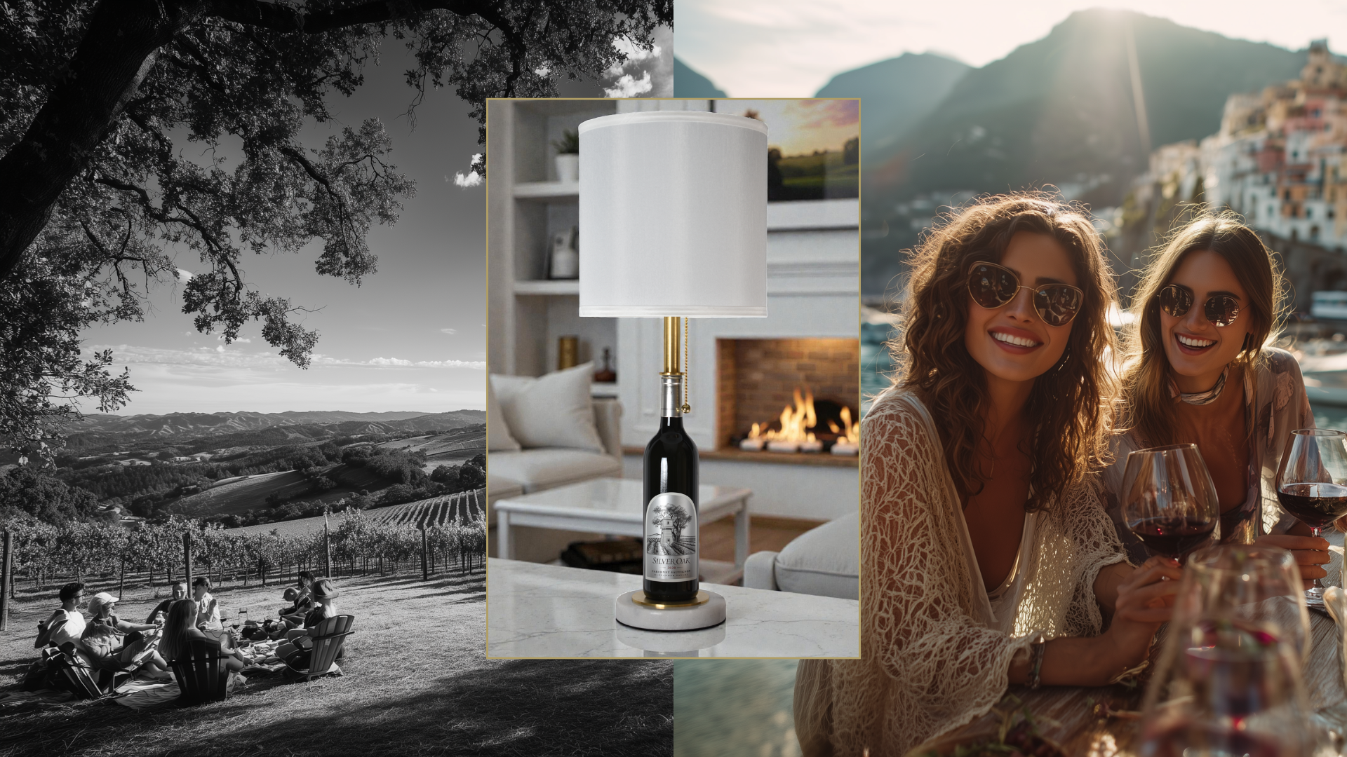 Collage of a scenic vineyard, a wine bottle lamp, and two women enjoying wine