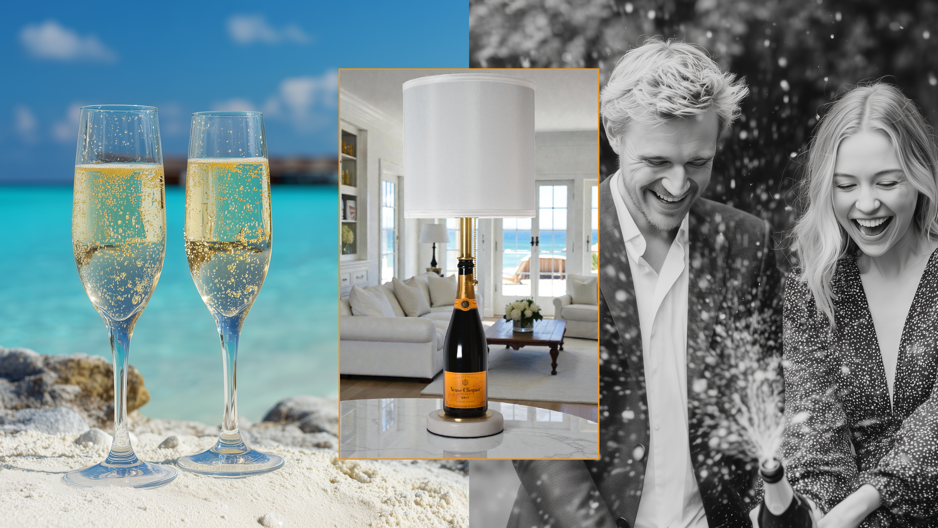 Collage of champagne glasses by the sea, a champagne bottle lamp in a living room, and a couple celebrating with champagne