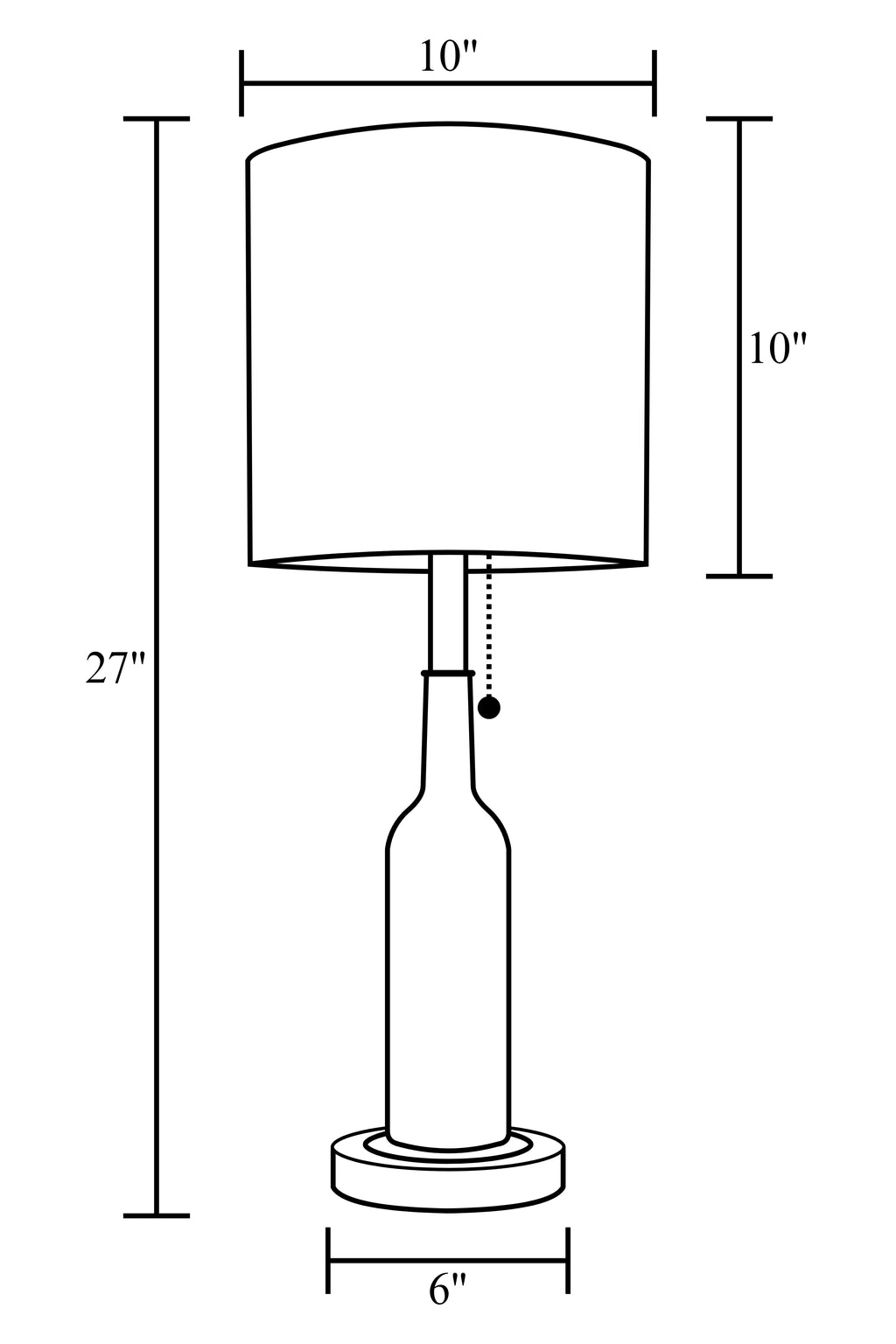 Measurements diagram of a wine bottle lamp made from a reclaimed 2017 Caymus Cabernet Sauvignon bottle