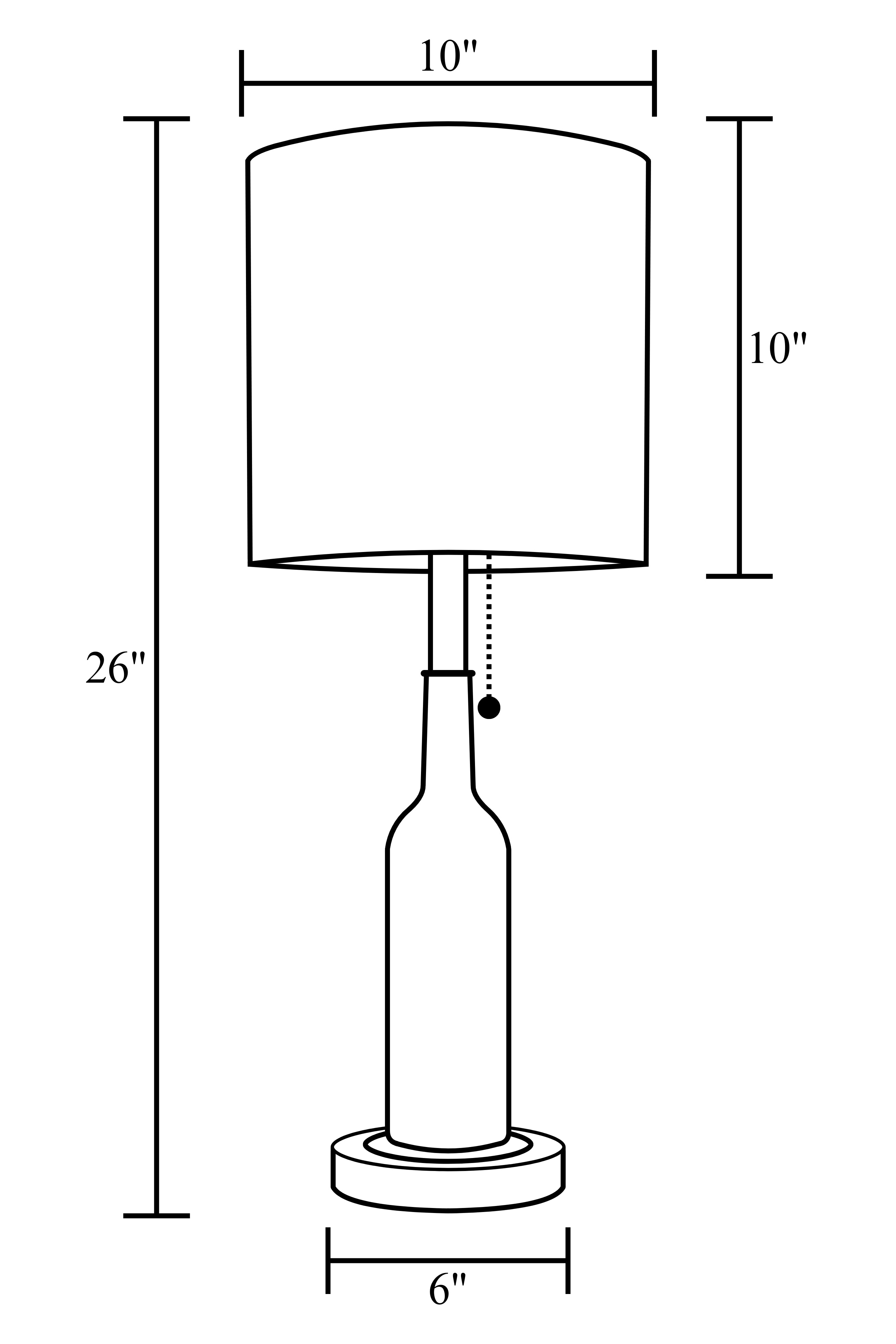 Measurements diagram of a wine bottle lamp made from a reclaimed 2022 Duckhorn Merlot bottle