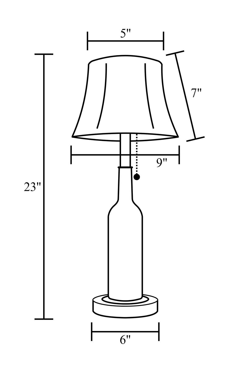 Measurements diagram of a wine bottle lamp made from a reclaimed 2014 O'Leary Cabernet Sauvignon bottle