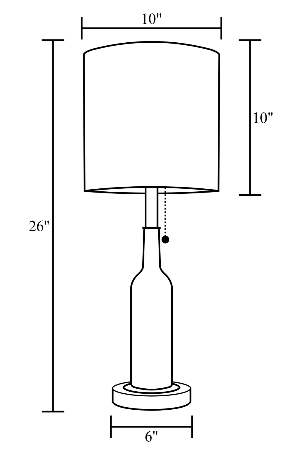 Measurements diagram of a wine bottle lamp made from a reclaimed Veuve Clicquot Brut Champagne bottle